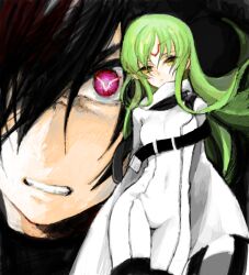 Rule 34 | 1boy, 1girl, bad drawr id, bad id, belt, black belt, black hair, bodysuit, breasts, c.c., cape, clenched teeth, close-up, closed mouth, code geass, covered navel, cowboy shot, facial mark, forehead mark, geass, green hair, hair over one eye, lelouch vi britannia, long hair, looking at viewer, medium breasts, michi ta (masquerade), oekaki, pink eyes, symbol-shaped pupils, teeth, white bodysuit, white cape, yellow eyes