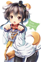 Rule 34 | 10s, 1girl, anchor necklace, animal ears, bad id, bad pixiv id, bag, black pantyhose, brown eyes, collar, commentary request, dog ears, dog tail, dress, gradient hair, grey hair, jewelry, kantai collection, kemonomimi mode, looking at viewer, multicolored hair, necklace, open mouth, panties, pantyhose, paw pose, sailor dress, school uniform, serafuku, shoulder bag, side-tie panties, simple background, solo, sound effects, tail, tokitsukaze (kancolle), underwear, white background, yuzu-aki