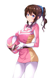 Rule 34 | 1girl, belt, blue eyes, blush, bodysuit, breasts, brown hair, cosplay, diletta, gloves, hair ornament, hair scrunchie, helmet, high ponytail, highres, holding, large breasts, legs, long hair, looking at viewer, pants, parted lips, ponytail, scrunchie, simple background, solo, standing, thighs, uniform, white background, white pants