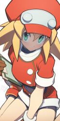 Rule 34 | 1girl, blonde hair, brown gloves, clipboard, gloves, green eyes, hat, hata4564, highres, holding, holding clipboard, long hair, mega man (series), mega man legends (series), red footwear, red hat, red shorts, roll caskett (mega man), short sleeves, shorts, sitting, solo, wariza