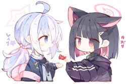 Rule 34 | 2girls, ahoge, black hair, black jacket, black neckerchief, blue archive, blue eyes, blush, candy, character name, closed mouth, colored inner hair, food, grey jacket, halo, holding, holding candy, holding food, hood, hooded jacket, jacket, kazusa (blue archive), kotatu (akaki01aoki00), long hair, long sleeves, multicolored hair, multiple girls, neckerchief, open mouth, pink hair, pink halo, purple hair, red eyes, reisa (blue archive), short hair, simple background, twintails, two-tone hair, white background