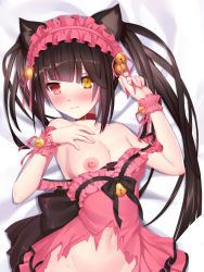 Rule 34 | 10s, 1girl, animal ears, bare shoulders, bell, black bow, black hair, blush, bow, breasts, brown collar, cangqiong zhihen, cat ears, clothes pull, collar, collarbone, commentary request, date a live, dress, dress pull, female focus, groin, hair ornament, headdress, kemonomimi mode, large breasts, long hair, looking at viewer, lying, navel, nipples, no bra, off shoulder, on back, one breast out, pink dress, pink headwear, puffy nipples, red eyes, solo, tears, tokisaki kurumi, torn clothes, twintails, yellow eyes