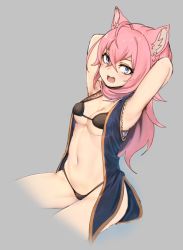 Rule 34 | 1girl, ahoge, animal ears, arms behind head, arms up, blue eyes, blush, breasts, cat ears, cleavage, fang, grey background, hinata channel, large breasts, long hair, looking at viewer, navel, nekomiya hinata, nyifu, open mouth, pink hair, simple background, smile, solo, virtual youtuber