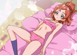Rule 34 | 1girl, bad id, bad pixiv id, black socks, blanket, blue eyes, blush, bra, breasts, brown hair, commentary, crotch seam, go! princess precure, half updo, hand on own chest, haruno haruka, legs, light frown, looking at viewer, lying, medium hair, navel, on back, ontaros, panties, parted lips, pillow, pink bra, pink panties, precure, print bra, print panties, small breasts, socks, solo, training bra, underwear, underwear only