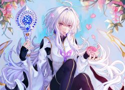Rule 34 | 1girl, ahoge, black gloves, black thighhighs, fate/grand order, fate (series), fingerless gloves, flower, gloves, highres, holding, holding flower, holding staff, long hair, looking at viewer, merlin (fate/prototype), merlin (fate/prototype) (second ascension), messy hair, mouth hold, petals, purple eyes, silver hair, sitting, solo, staff, thighhighs, very long hair, whispey