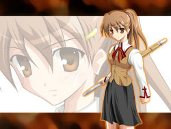 Rule 34 | 00s, 1girl, aged down, black skirt, bow, bowtie, brown eyes, brown hair, cowboy shot, expressionless, fate/stay night, fate (series), fujimura taiga, holding, holding sword, holding weapon, homurahara academy school uniform, letterboxed, long sleeves, looking at viewer, ponytail, red bow, red bowtie, school uniform, serafuku, shinai, skirt, solo, standing, sweater vest, sword, vest, weapon, wooden sword