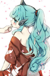 Rule 34 | 1girl, animal ears, aqua eyes, aqua hair, back, bare shoulders, blush, cherry blossoms, commentary, curly hair, finger in another&#039;s mouth, hand on own chin, horns, kariyushi shirt, komano aunn, long hair, off shoulder, open mouth, petals, piyokichi, ponytail, single horn, solo, stroking own chin, touhou