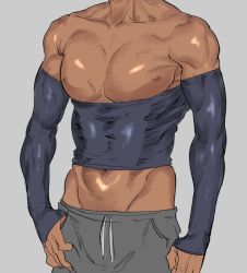 Rule 34 | 1boy, bad id, bad twitter id, breasts day, good breasts day, grey background, hand in pocket, head out of frame, kimidake, male focus, nipples, original, pants, pectorals, simple background, solo, sweatpants, tan, upper body