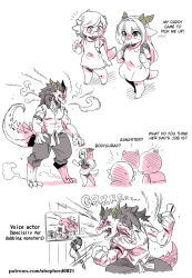 Rule 34 | 2girls, age difference, aged down, alternate language, bag, comic, dragon boy, dragon girl, dragon horns, dragon tail, english text, father and daughter, furry, furry female, furry male, glasses, highres, horns, jewelry, kindergarten bag, limited palette, magatama, magatama necklace, multiple girls, muscular, necklace, original, shepherd0821, shirt, sleeveless, sleeveless shirt, smoke, tail, typo, voice actor