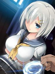 Rule 34 | 10s, 1girl, bad id, bad pixiv id, blue eyes, blush, breast hold, breasts, cup, hair ornament, hair over one eye, hairclip, hamakaze (kancolle), highres, kantai collection, kuro chairo no neko, large breasts, looking at viewer, pantyhose, pov, school uniform, serafuku, short hair, short sleeves, skirt, solo focus, thighhighs, water