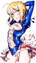 Rule 34 | 1girl, ahoge, angry, areola slip, arms behind head, arms up, artoria pendragon (all), artoria pendragon (fate), blonde hair, blush, cameltoe, covered erect nipples, dress, fate/stay night, fate/zero, fate (series), female focus, green eyes, looking at viewer, navel, niko (tama), nipples, panties, pokonyan, saber (fate), see-through, side-tie panties, solo, torn clothes, transparent background, underwear