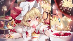 Rule 34 | 1girl, :q, arm garter, arm strap, blonde hair, bow, bug, butterfly, cake, chair, commentary request, cup, dessert, flandre scarlet, flower, food, fork, frilled shirt collar, frills, glowing butterfly, hat, hat bow, highres, holding, holding food, holding fork, icing, indoors, insect, light particles, macaron, mob cap, one side up, pastry, puffy sleeves, red bow, red eyes, red vest, rose, shirt, short hair, sitting, solo, sorani (kaeru0768), table, teacup, tongue, tongue out, touhou, vest, white hat, white shirt, wings, wrist bow, wrist cuffs, yellow flower, yellow rose