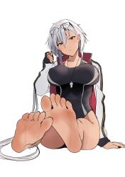 Rule 34 | 1girl, absurdres, black gloves, black nails, blush, breasts, competition swimsuit, dark-skinned female, dark skin, eyewear on head, feet, foot focus, foreshortening, glasses, gloves, hair between eyes, highres, jacket, kantai collection, large breasts, long hair, looking at viewer, musashi (kancolle), nail polish, no eyewear, one-piece swimsuit, open clothes, open jacket, partially fingerless gloves, simple background, sitting, sketch, solo, swimsuit, thighs, toes, twintails, unfinished, whistle, white background, white hair, yunamaro