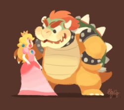 Rule 34 | 1boy, 1girl, armlet, bad id, bad tumblr id, black collar, blonde hair, bowser, bracelet, brown background, collar, crown, dress, earrings, elbow gloves, eye contact, gigi d.g., gloves, green shell (mario), horns, jewelry, long hair, looking at another, mario (series), nintendo, open mouth, pink dress, princess peach, red hair, scared, sharp teeth, short hair, signature, simple background, smile, spiked armlet, spiked bracelet, spiked collar, spiked shell, spikes, standing, teeth, turtle shell, white gloves