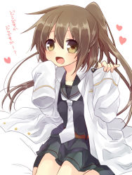 Rule 34 | 10s, 1girl, brown eyes, brown hair, fumizuki (kancolle), heart, kantai collection, long hair, looking at viewer, military, military uniform, nagasioo, naval uniform, open mouth, oversized clothes, ponytail, school uniform, serafuku, sleeves past wrists, solo, translated, uniform