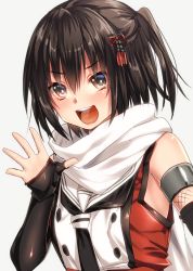 Rule 34 | &gt;:d, 10s, 1girl, :d, black hair, brown eyes, elbow gloves, fingerless gloves, gloves, grey background, hair ornament, kantai collection, keita (tundereyuina), looking at viewer, open mouth, scarf, school uniform, sendai (kancolle), sendai kai ni (kancolle), serafuku, simple background, smile, solo, twintails, two side up, upper body, v-shaped eyebrows, waving, white scarf