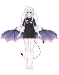 Rule 34 | 1girl, arms at sides, barefoot, bat wings, black shirt, closed mouth, copyright request, demon tail, double bun, full body, glasses, hair bun, highres, long hair, looking at viewer, low wings, pink eyes, shirt, short sleeves, simple background, solo, standing, tail, white background, white hair, wings, zero (miraichizu)