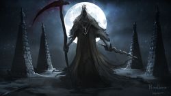 Rule 34 | 1boy, artist name, bloodborne, brown robe, copyright name, crown, full body, full moon, grey hair, highres, holding, holding sword, holding weapon, huge weapon, long hair, looking at viewer, male focus, martyr logarius, moon, night, robe, scythe, snow, snowing, solo, standing, sword, teeth, tripdancer, undead, weapon