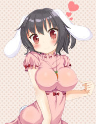 Rule 34 | 1girl, :&gt;, alternate breast size, animal ears, black hair, blush, breasts, carrot, carrot necklace, covered erect nipples, heart, impossible clothes, inaba tewi, jewelry, large breasts, necklace, aged up, pendant, rabbit ears, rabbit girl, rabbit tail, red eyes, short hair, smile, solo, tail, touhou, unushi