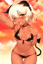 Rule 34 | 10s, 1girl, ;d, armpits, bikini, black bikini, black rock shooter, blush, breasts, dark-skinned female, dark skin, demon tail, fang, front-tie bikini top, front-tie top, gluteal fold, hand on own chest, looking at viewer, m-da s-tarou, one eye closed, open mouth, red eyes, short hair, side-tie bikini bottom, small breasts, smile, solo, strength (black rock shooter), swimsuit, tail, tattoo, thigh gap, thighs, underboob, wet, white hair