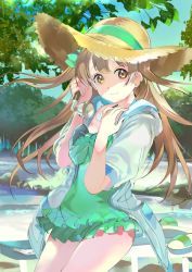 Rule 34 | 119, 1girl, antique phone, brown eyes, brown hair, frilled swimsuit, frills, green one-piece swimsuit, green ribbon, hand on own chest, hat, hat ribbon, highres, hood, hood down, hooded jacket, jacket, long hair, looking at viewer, love live!, love live! school idol festival, love live! school idol project, minami kotori, one-piece swimsuit, phone, ribbon, rotary phone, sandals, unworn sandals, short sleeves, smile, solo, straw hat, swimsuit