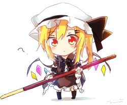 Rule 34 | 1girl, :&lt;, ?, alternate color, asymmetrical hair, black bow, black bowtie, black dress, black ribbon, black thighhighs, blonde hair, blush, bow, bowtie, chibi, closed mouth, commentary request, crystal, dress, eyebrows, flandre scarlet, food, fran (shironeko project), frilled dress, frilled sleeves, frills, garter straps, hair ornament, hairclip, hat, hat ornament, hat ribbon, holding, holding food, long hair, long sleeves, looking at viewer, mini person, minigirl, mob cap, pocky, pocky day, red eyes, ribbon, side ponytail, simple background, size difference, solo, thighhighs, tosura-ayato, touhou, white background, white hat, wide sleeves, wings, zettai ryouiki