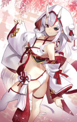 Rule 34 | 1girl, bikini, breasts, commentary request, detached sleeves, duplicate, hair between eyes, highres, hololive, horns, japanese clothes, kimono, looking at viewer, looking back, multicolored hair, nakiri ayame, red eyes, red hair, scottie (phantom2), single thighhigh, skin-covered horns, small breasts, smile, solo, streaked hair, swimsuit, thigh strap, thighhighs, two-tone hair, uchikake, virtual youtuber, white bikini, white hair, white thighhighs