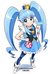 Rule 34 | 1girl, blue eyes, blue hair, blue necktie, blue thighhighs, blush, boots, brooch, crown, cure princess, full body, happinesscharge precure!, heart, heart brooch, jewelry, magical girl, mini crown, necktie, pouch, precure, sakuma sanosuke, shirayuki hime, simple background, smile, solo, thighhighs, twintails, twitter username, vest, watch, white background, wing brooch, wing earrings, wristwatch