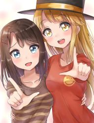 Rule 34 | 2girls, :d, bang dream!, blonde hair, blue eyes, blush, breasts, brown eyes, brown hair, brown hat, brown shirt, collarbone, commentary request, hair ornament, hairclip, hat, highres, index finger raised, long hair, long sleeves, looking at viewer, multiple girls, okusawa misaki, open mouth, outstretched arm, red shirt, shirt, sin (sin52y), small breasts, smile, striped clothes, striped shirt, top hat, tsurumaki kokoro, upper body, very long hair