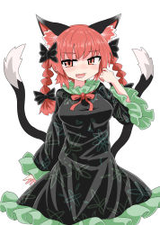 Rule 34 | 1girl, animal ears, black bow, black dress, black tail, blush, bow, braid, breasts, cat ears, cat tail, chups, dress, extra ears, fang, frilled dress, frilled sleeves, frills, hair bow, highres, kaenbyou rin, long sleeves, looking to the side, medium breasts, medium hair, multiple tails, open mouth, red eyes, red hair, red neckwear, simple background, solo, tail, touhou, twin braids, two tails, white background, wide sleeves