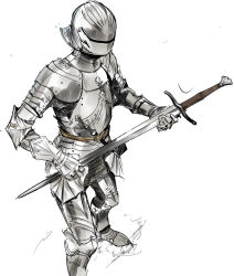 Rule 34 | 1other, ambiguous gender, armor, armored boots, belt, blade grab, boots, breastplate, chainmail, covered face, dagger, faulds, from above, full armor, gauntlets, gloves, grey footwear, grey gloves, grey headwear, grey theme, half-swording, helm, helmet, knife, long sword, monochrome, nisetanaka, original, other focus, sallet, shiny clothes, shoulder armor, simple background, sketch, solo, standing, weapon, white background