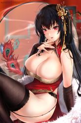 Rule 34 | 1girl, ahoge, arm support, azur lane, bare shoulders, black hair, blurry, blush, breasts, bridal gauntlets, brown thighhighs, china dress, chinese clothes, cleavage, cleavage cutout, clothing cutout, dress, feather boa, garter straps, hair between eyes, hair ornament, hand up, large breasts, licking lips, long hair, looking at viewer, official alternate costume, one side up, parted lips, patreon username, peacock feathers, pelvic curtain, red dress, red eyes, rei kun, signature, sitting, skindentation, sleeveless, sleeveless dress, smile, solo, taihou (azur lane), taihou (phoenix&#039;s spring song) (azur lane), thighhighs, thighs, tongue, tongue out, very long hair