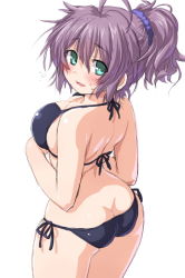 Rule 34 | 10s, 1girl, ahoge, aoba (kancolle), aqua eyes, ass, back, bare shoulders, bikini, black bikini, blush, breasts, butt crack, cleavage, curvy, dd (ijigendd), female focus, from behind, hair between eyes, kantai collection, large breasts, looking at viewer, looking back, open mouth, purple hair, scrunchie, shiny skin, short hair, short ponytail, side-tie bikini bottom, sideboob, simple background, smile, solo, sweat, swimsuit, white background, wide hips