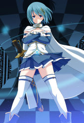 Rule 34 | 10s, 1girl, absurdres, blue eyes, blue hair, cape, crossed arms, fortissimo, gloves, hair ornament, hairclip, highres, kichihachi, looking at viewer, mahou shoujo madoka magica, mahou shoujo madoka magica (anime), matching hair/eyes, miki sayaka, musical note, musical note hair ornament, short hair, smile, solo, sword, thighhighs, weapon
