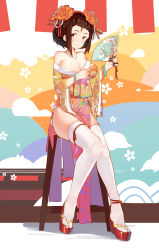 Rule 34 | 1girl, bare shoulders, bible bullet, black hair, breasts, bun cover, cleavage, collarbone, gujianshaonu, hand fan, highres, holding, holding fan, jewelry, large breasts, looking at viewer, necklace, short hair, sitting, solo, stool, thighhighs, white thighhighs, yellow eyes