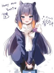 Rule 34 | 1girl, :3, bag, black jacket, blush, fangs, happy new year, heart, highres, holding, holding bag, hololive, hololive english, jacket, looking at viewer, maru ccy, mole, mole under eye, new year, ninomae ina&#039;nis, open mouth, purple eyes, purple hair, scarf, sketch, smile, solo, sparkle, takodachi (ninomae ina&#039;nis), tentacle hair, virtual youtuber, white background, white scarf