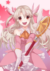 Rule 34 | 1girl, boots, elbow gloves, fate/kaleid liner prisma illya, fate (series), feather hair ornament, feathers, gloves, feather hair ornament, highres, illyasviel von einzbern, kaleidostick, long hair, magical girl, pink footwear, prisma illya, red eyes, solo, thighhighs, wand, white hair, ycco (estrella)
