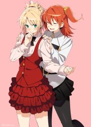 Rule 34 | 2girls, alternate costume, black skirt, blonde hair, blush, bow, bowtie, buckle, cowboy shot, dress shirt, closed eyes, fate/apocrypha, fate/grand order, fate (series), frilled cuffs, fujimaru ritsuka (female), green eyes, hair ornament, hair scrunchie, hand on own chin, hands on another&#039;s shoulders, highres, kerorira, layered skirt, leg up, long sleeves, mordred (fate), mordred (fate/apocrypha), multiple girls, one side up, orange hair, pantyhose, pink background, ponytail, red skirt, red vest, scrunchie, shirt, simple background, skirt, smile, twitter username, vest, white shirt