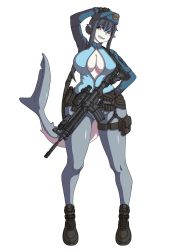 Rule 34 | 1girl, belt, black gloves, breasts, brups tv, center opening, cleavage, commentary, english commentary, fingerless gloves, fins, fish tail, gloves, gun, highres, holding, holding gun, holding weapon, large breasts, leotard, long sleeves, looking to the side, monster girl, original, pointy ears, red eyes, scope, shark girl, shark tail, sharp teeth, smile, solo, tail, teeth, thigh strap, trigger discipline, utility belt, weapon