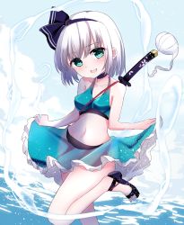 Rule 34 | 1girl, adapted costume, bare shoulders, bikini, black footwear, black hairband, black ribbon, breasts, cloud, cloudy sky, collarbone, commentary request, day, feet out of frame, frilled skirt, frills, green eyes, green tank top, grey hair, hairband, highres, katana, konpaku youmu, leg up, legs, looking at viewer, midriff, miniskirt, navel, neck ribbon, ocean, open mouth, outdoors, partially submerged, ribbon, sandals, shamuichi, sheath, short hair, skirt, skirt hold, sky, small breasts, stomach, swimsuit, sword, tank top, toes, touhou, water, weapon