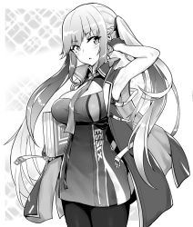 Rule 34 | 1girl, armpits, azur lane, blush, book, breasts, cleavage, essex (azur lane), fingerless gloves, gloves, greyscale, holding, holding book, hori (hori no su), large breasts, long hair, looking at viewer, monochrome, necktie, parted lips, solo, twintails