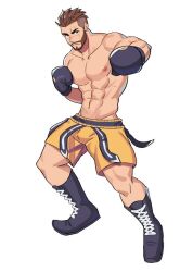 Rule 34 | 1boy, abs, bara, beard, blue eyes, boots, boxing gloves, boxing shorts, brown hair, facial hair, fighting stance, full beard, large pectorals, looking at viewer, male focus, mature male, milkiato, muscular, muscular male, navel, nipples, oc (felixnosi), orange shorts, original, pectorals, short hair, shorts, solo, standing, stomach, thick eyebrows, topless male, undercut