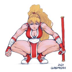 Rule 34 | 1girl, 2020, artist name, blonde hair, breasts, brown eyes, capcom, capcom vs snk 2, cleavage, final fight, full body, gauntlets, genryuusai maki, highres, holding, holding weapon, long hair, looking at viewer, ninja, pelvic curtain, quasimodox, red footwear, shoes, simple background, sneakers, solo, spread legs, squatting, street fighter, street fighter zero (series), thighs, tonfa, weapon, white background