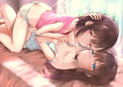Rule 34 | 2girls, bed, bed sheet, blue eyes, blush, bow, brown hair, butt crack, collarbone, day, dot nose, eyebrows, female focus, girl on top, hair between eyes, hair bow, hand grab, hand on another&#039;s head, highres, long hair, looking at viewer, multiple girls, navel, on bed, open mouth, original, panties, pink eyes, red bow, short hair, sunlight, tagme, take your pick, tank top, underwear, white panties, window, yuri
