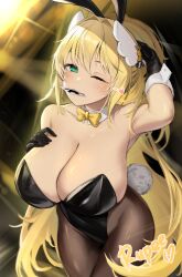 Rule 34 | 1girl, absurdres, animal ears, armpits, arms up, black leotard, black pantyhose, blonde hair, bow, bowtie, breasts, detached collar, fake animal ears, fang, goddess of victory: nikke, green eyes, hair between eyes, hand on own chest, highres, huge breasts, leotard, long hair, negative cha09, official alternate costume, one eye closed, pantyhose, playboy bunny, rabbit ears, rupee (nikke), rupee (rabbit deluxe) (nikke), strapless, strapless leotard, thick thighs, thighs, very long hair, yellow bow, yellow bowtie