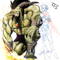 Rule 34 | 1990s (style), armband, beard, blue skin, colored skin, crossed arms, demon, earrings, facial hair, final fantasy, final fantasy v, fire, horns, ifrit, jewelry, kusanagi shion (elda), lowres, monster, red eyes, scarf, shiva (final fantasy), short hair