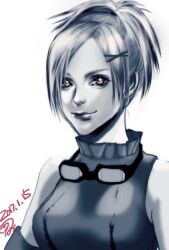 Rule 34 | 1girl, breasts, closed mouth, dated, final fantasy, final fantasy x, goggles, greyscale, hair ornament, highres, looking at viewer, medium breasts, monochrome, rikku (ff10), short hair, simple background, siotomato, smile, solo, white background, x hair ornament