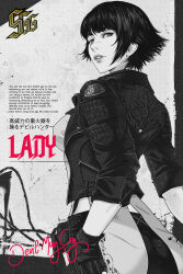 Rule 34 | 1girl, black hair, breasts, devil may cry (series), devil may cry 5, english text, fingerless gloves, from behind, gloves, greyscale, highres, jacket, jhony caballero, lady (devil may cry), leather, leather jacket, looking at viewer, medium breasts, monochrome, parted lips, ranking, scar, scar on face, scar on nose, short hair, sideboob, signature