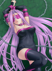 Rule 34 | 00s, 1girl, armpits, arms up, black thighhighs, blindfold, chain, collar, dress, fate/stay night, fate (series), lips, long hair, medusa (fate), medusa (rider) (fate), nameless dagger (fate), parted lips, purple hair, solo, strapless, strapless dress, thighhighs, very long hair, zen