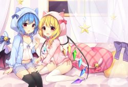 Rule 34 | 2girls, :d, :o, animal ears, animal hood, bat wings, bell, black legwear, blonde hair, blue bow, blue choker, blue hair, blue jacket, blue shorts, blush, bow, breasts, camisole, cat ears, cat hood, cat tail, choker, claw pose, commentary request, crystal, curtains, fake tail, feet out of frame, flandre scarlet, hand up, highres, hood, indoors, jacket, jingle bell, long sleeves, looking at viewer, midriff, multiple girls, no shoes, open clothes, open jacket, open mouth, panties, pillow, pink bow, pink choker, pink jacket, red eyes, remilia scarlet, ruhika, short hair, short shorts, shorts, siblings, sisters, sitting, small breasts, smile, sparkle, star (symbol), tail, tail bell, tail bow, tail ornament, thighhighs, thighs, touhou, underwear, wariza, white legwear, white panties, window, wings